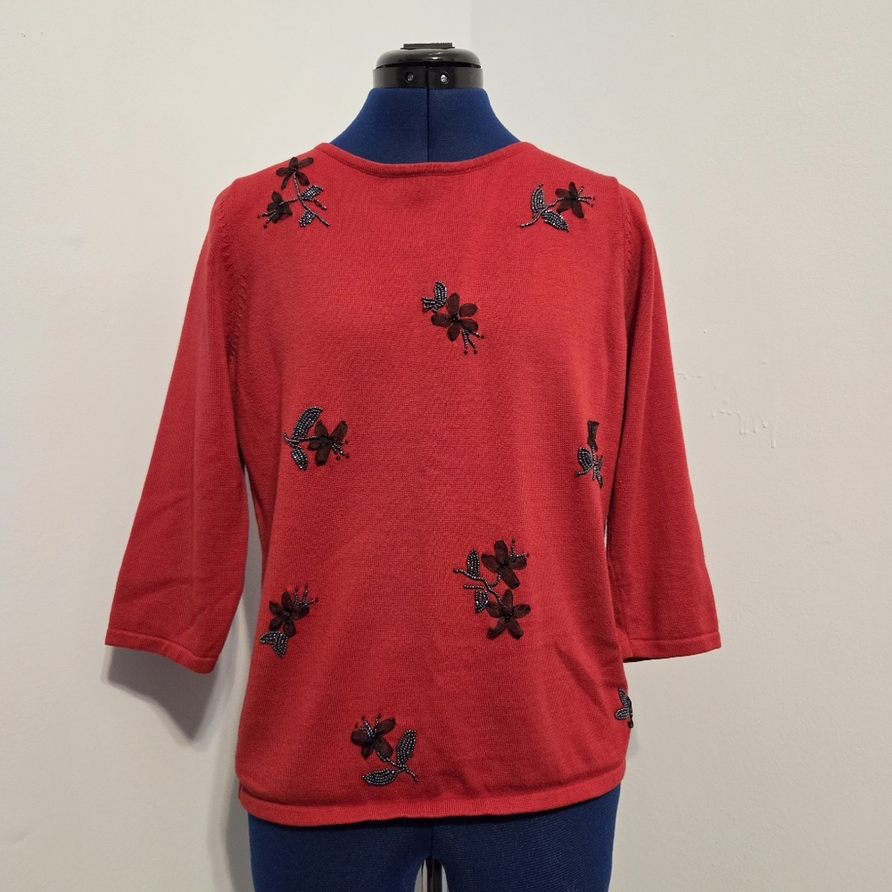 Vintage Red Floral Beaded Shirt Size S